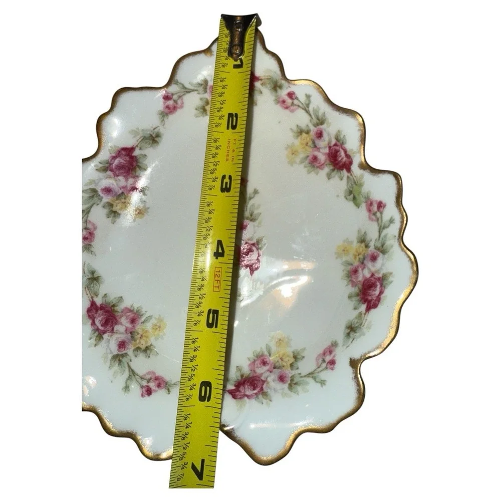 Elite Limoges France 1920 Antique Leaf Trinket Dish Plate Rose Pattern Gold Gild